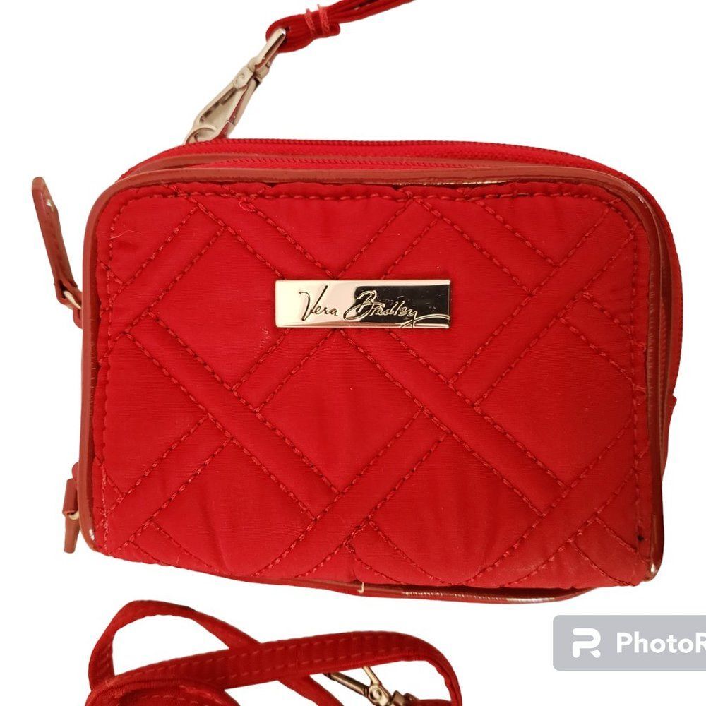 Vera Bradley Dark Red Quilted Wristlet With Crossbody Strap Solid Microfiber - Picture 2 of 6